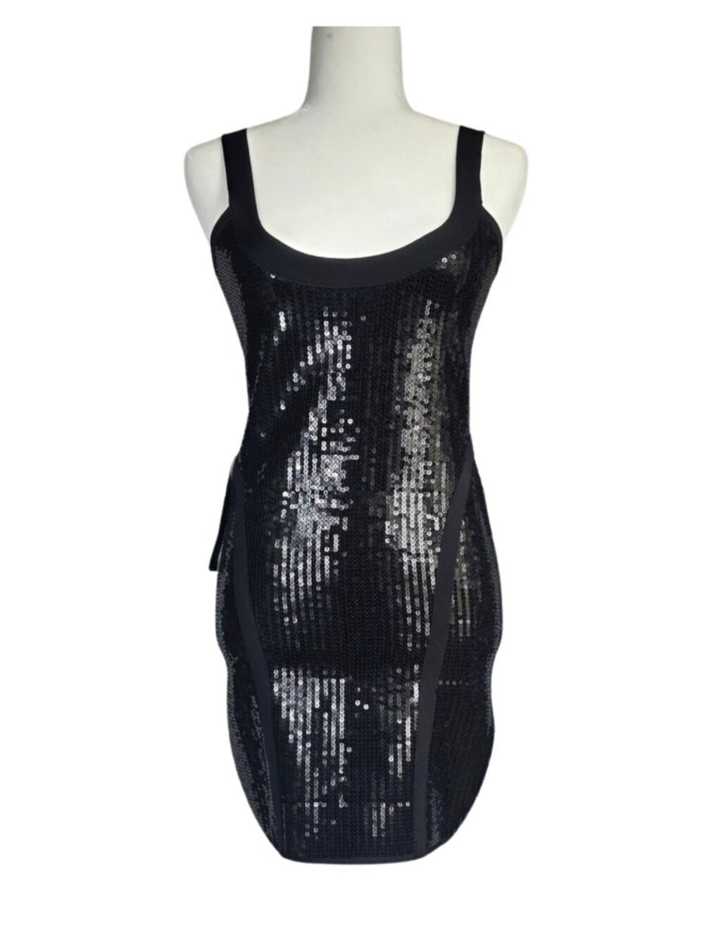 black bebe sequins overall straps dress